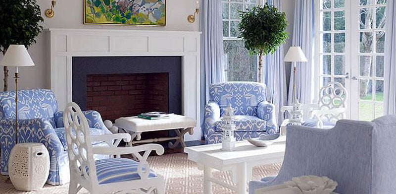 Regal blues and whites in living room